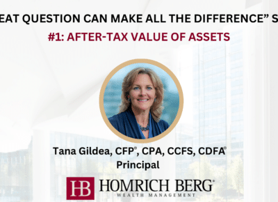 Graphic titled A Great Question Can Make All the Difference Series: #1 After-Tax Value of Assets with a photo of a smiling woman in the center. Below, it states Tana Gildea, CFP®, CPA, CCFS, CDFA®, Principal and features the Homrich Berg logo.