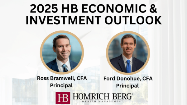 Image of a promotional graphic for the 2025 HB Economic & Investment Outlook featuring two circular photos of individuals labeled Ross Bramwell, CFA Principal, and Ford Donohue, CFA Principal. Homrich Berg Wealth Management logo is at the bottom.