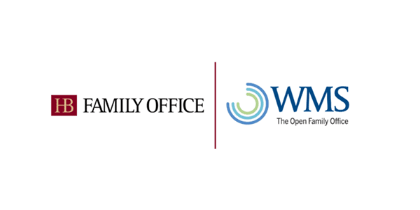 Logos of two family offices. On the left, HB Family Office in black text with a red square and HB in white. On the right, WMS The Open Family Office in blue, teal, and green with a circular design.