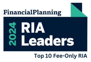 Text logo reading Financial Planning 2024 RIA Leaders Top 10 Fee-Only RIA with a geometric design in dark blue and teal.