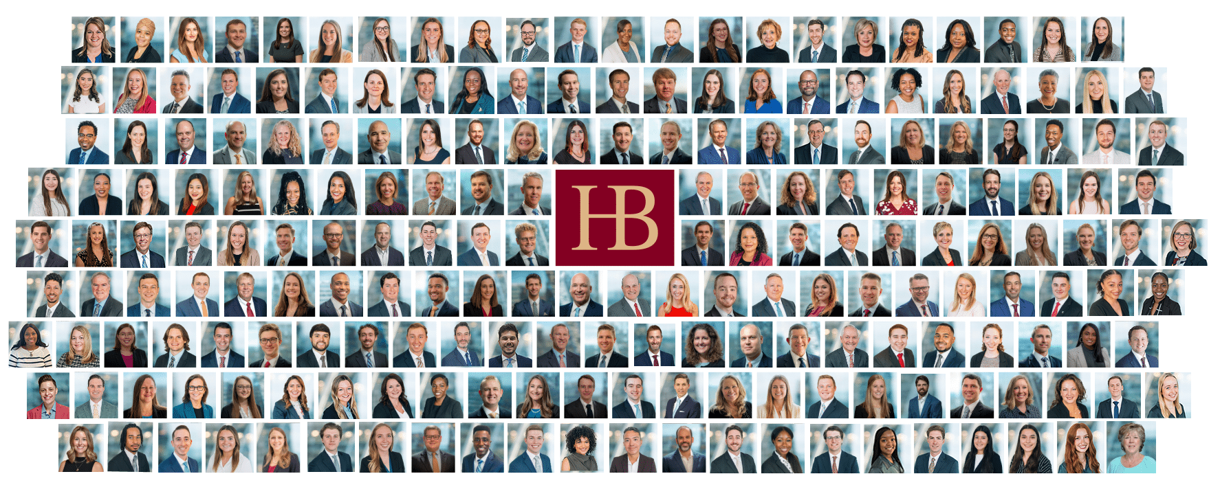 Collage of over a hundred diverse individuals in formal attire, arranged in rows around a central logo with the letters HB.