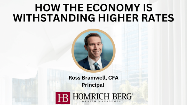 A professional headshot of Ross Bramwell with the text How the Economy is Withstanding Higher Rates. Below the photo, it says Ross Bramwell, CFA, Principal and features the Homrich Berg Wealth Management logo.