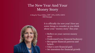 A blog announcement titled The New Year and Your Money Story by Tana Gildea. Features a portrait of a smiling woman on a burgundy background with a list of financial reflection points for the new year.