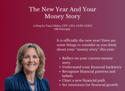 A blog announcement titled The New Year and Your Money Story by Tana Gildea. Features a portrait of a smiling woman on a burgundy background with a list of financial reflection points for the new year.