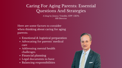 A blog titled Caring For Aging Parents: Essential Questions And Strategies by Jimmy Trimble. It highlights factors like emotional preparation, medical advocacy, addressing mental health, financial planning, legal documents, and balancing responsibilities.