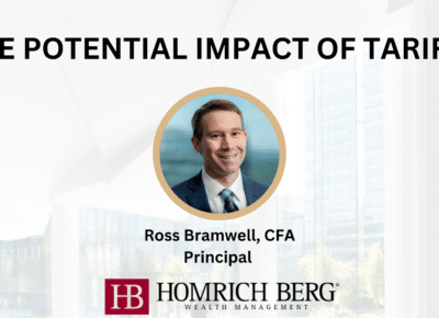 Slide titled The Potential Impact of Tariffs featuring a headshot of a person. Text below reads Ross Bramwell, CFA, Principal. The bottom includes the logo and name of Homrich Berg Wealth Management. Background shows a blurred office setting.