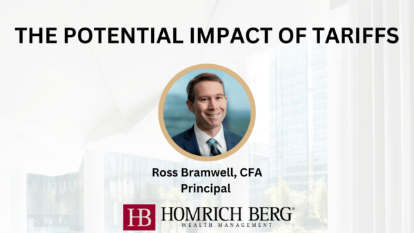 Slide titled The Potential Impact of Tariffs featuring a headshot of a person. Text below reads Ross Bramwell, CFA, Principal. The bottom includes the logo and name of Homrich Berg Wealth Management. Background shows a blurred office setting.