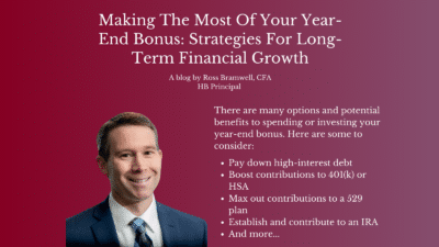 A man in a suit and tie is shown next to text titled, Making The Most Of Your Year-End Bonus: Strategies For Long-Term Financial Growth. The text includes financial advice, such as paying down high-interest debt and boosting contributions to savings plans.