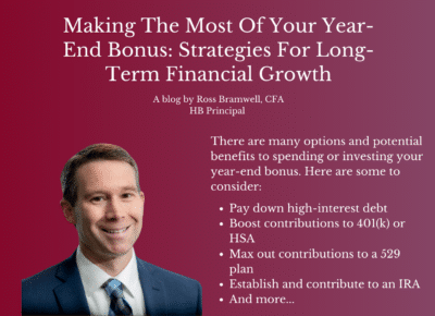 A man in a suit and tie is shown next to text titled, Making The Most Of Your Year-End Bonus: Strategies For Long-Term Financial Growth. The text includes financial advice, such as paying down high-interest debt and boosting contributions to savings plans.