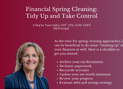 A smiling woman in a blue blazer stands beside text titled Financial Spring Cleaning: Tidy Up and Take Control, with a checklist for organizing finances on a solid red background.