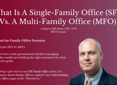 A business professional in a suit stands against a gradient burgundy background with text explaining the differences between single-family offices and multi-family offices for managing family wealth.