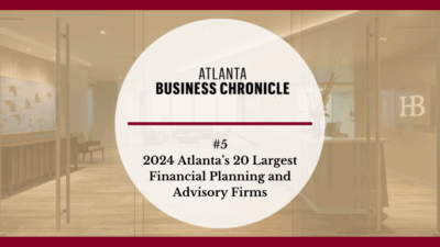 A graphic with the Atlanta Business Chronicle logo, featuring the text: “#5 2024 Atlanta’s 20 Largest Financial Planning and Advisory Firms,” over a blurred office background with a red border.