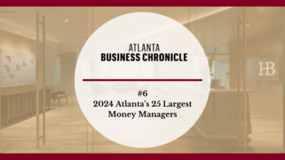 A circular graphic reads ATLANTA BUSINESS CHRONICLE and #6 2024 Atlanta’s 25 Largest Money Managers over a background of a modern office with glass doors and the initials HB on the wall.