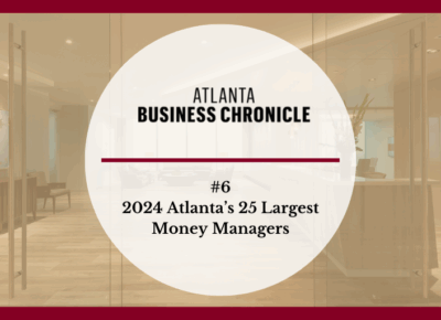 A circular graphic reads ATLANTA BUSINESS CHRONICLE and #6 2024 Atlanta’s 25 Largest Money Managers over a background of a modern office with glass doors and the initials HB on the wall.