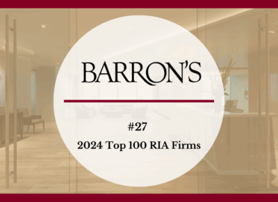 A circular banner reads BARRONS #27 2024 Top 100 RIA Firms over a blurred image of a modern office lobby with glass doors, wooden floors, and a wall with the letters HB.