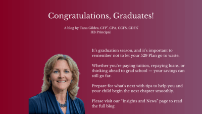 A smiling woman with shoulder-length blonde hair stands in front of a maroon background with text congratulating graduates and offering financial advice for education savings.