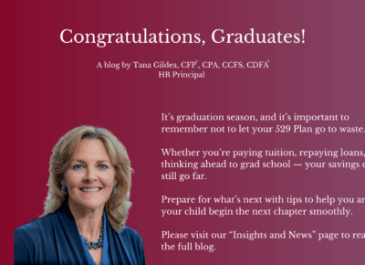 A smiling woman with shoulder-length blonde hair stands in front of a maroon background with text congratulating graduates and offering financial advice for education savings.