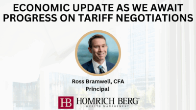 A presentation slide titled Economic Update As We Await Progress on Tariff Negotiations featuring a headshot of Ross Bramwell, CFA, Principal, and the Homrich Berg Wealth Management logo.