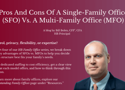 A business blog graphic titled Pros And Cons Of A Single-Family Office (SFO) Vs. A Multi-Family Office (MFO) with a photo of a man in a suit against a red background and blog details listed on the left.