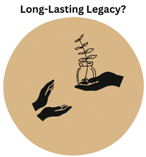 Two black hands, one offering and one receiving, hold a small jar with a growing plant inside, set against a tan circle with the text Long-Lasting Legacy? above.
