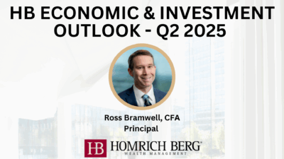 Slide with the title HB Economic & Investment Outlook - Q2 2025, featuring a headshot of Ross Bramwell, CFA, Principal, and the Homrich Berg Wealth Management logo at the bottom.
